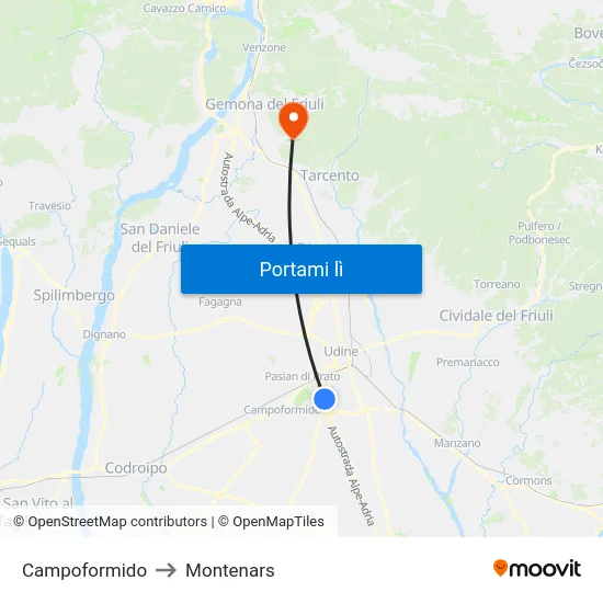 Campoformido to Montenars map