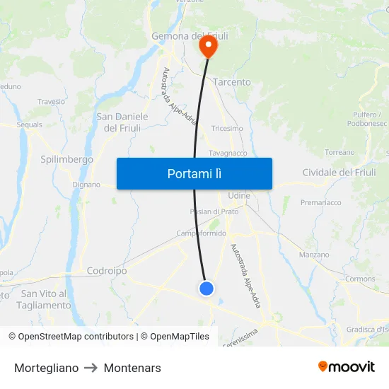Mortegliano to Montenars map