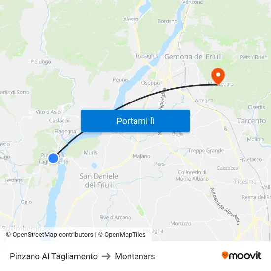 Pinzano Al Tagliamento to Montenars map