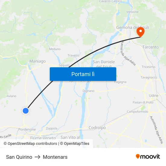 San Quirino to Montenars map