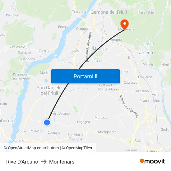 Rive D'Arcano to Montenars map