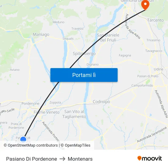 Pasiano Di Pordenone to Montenars map