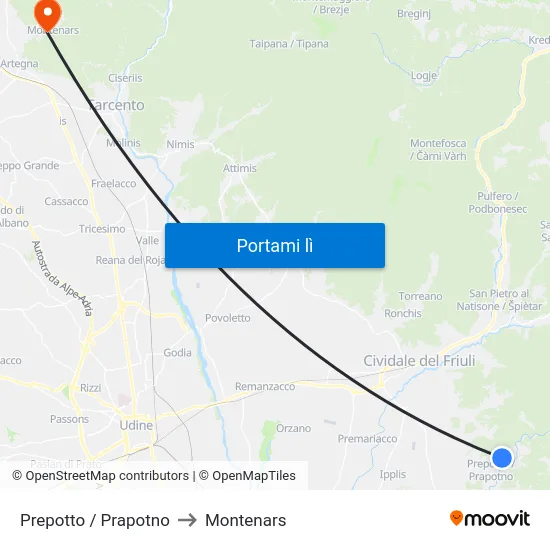 Prepotto / Prapotno to Montenars map