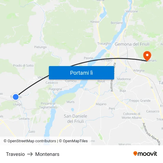 Travesio to Montenars map
