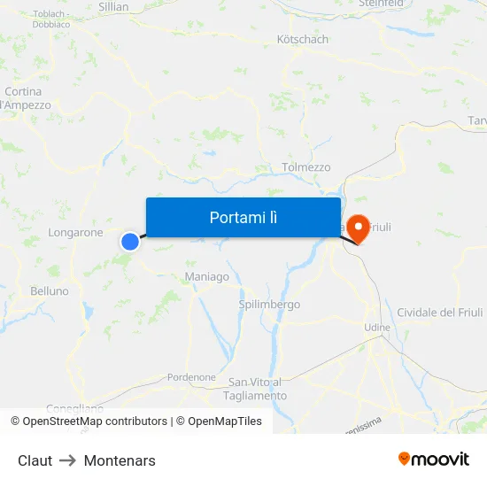 Claut to Montenars map