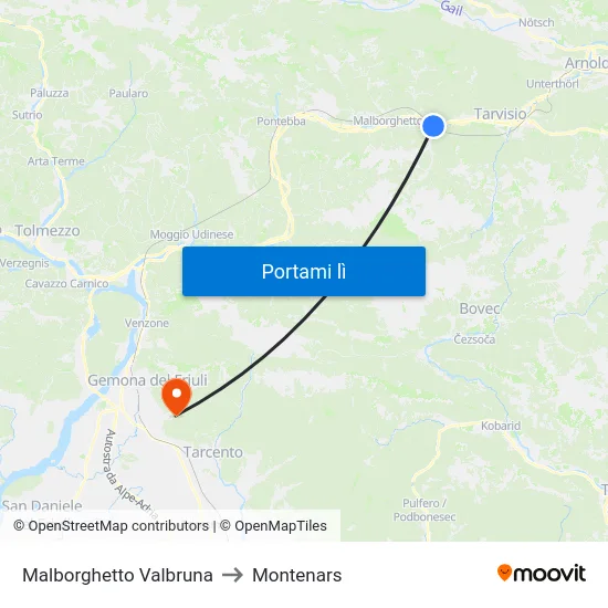 Malborghetto Valbruna to Montenars map
