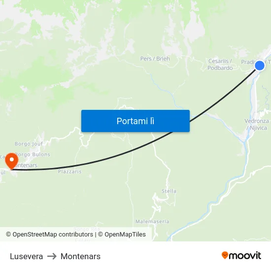 Lusevera to Montenars map