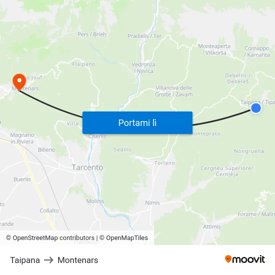 Taipana to Montenars map