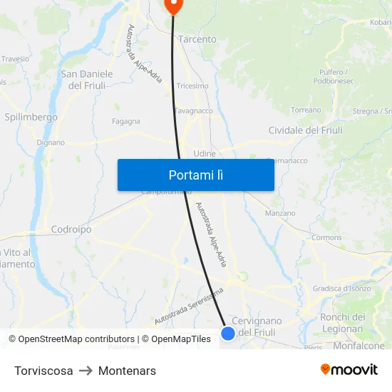 Torviscosa to Montenars map