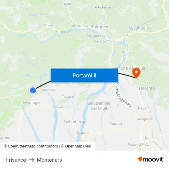 Frisanco to Montenars map
