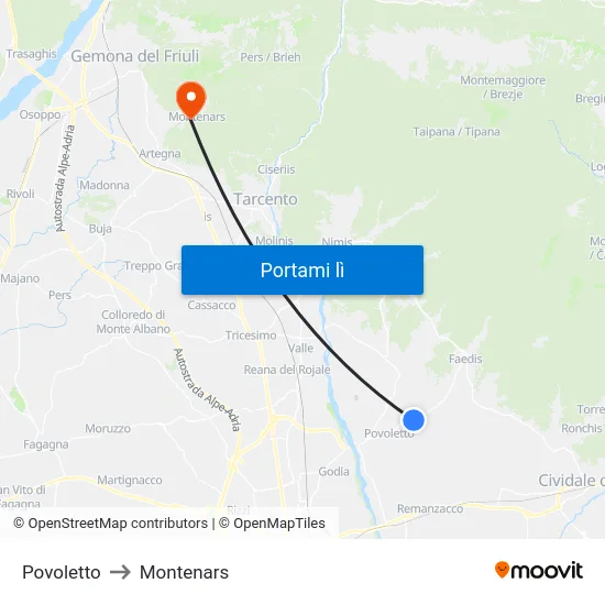 Povoletto to Montenars map