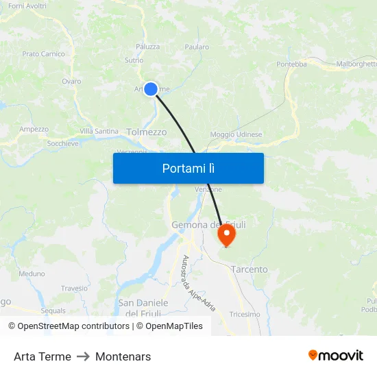 Arta Terme to Montenars map