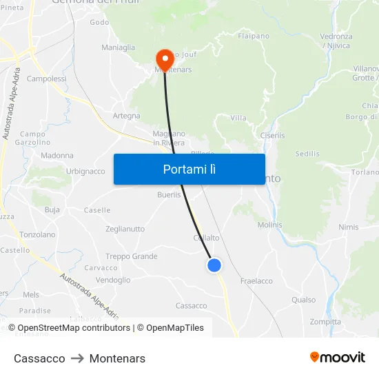 Cassacco to Montenars map