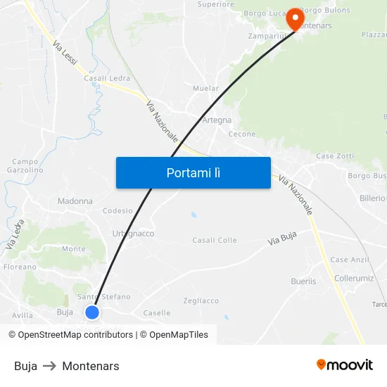 Buja to Montenars map