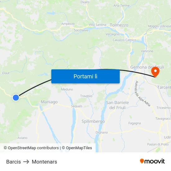 Barcis to Montenars map