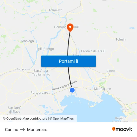 Carlino to Montenars map