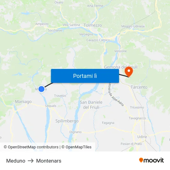 Meduno to Montenars map