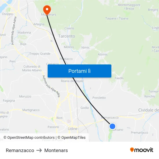 Remanzacco to Montenars map