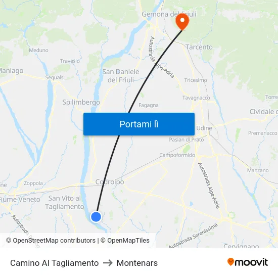 Camino Al Tagliamento to Montenars map