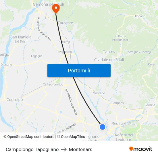 Campolongo Tapogliano to Montenars map