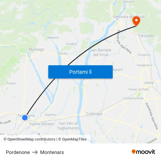 Pordenone to Montenars map