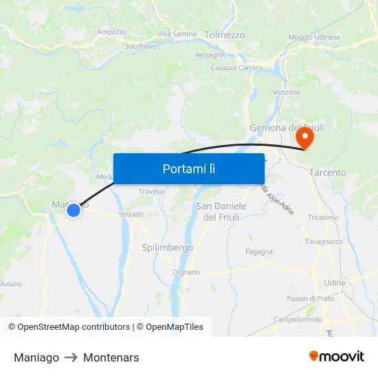 Maniago to Montenars map