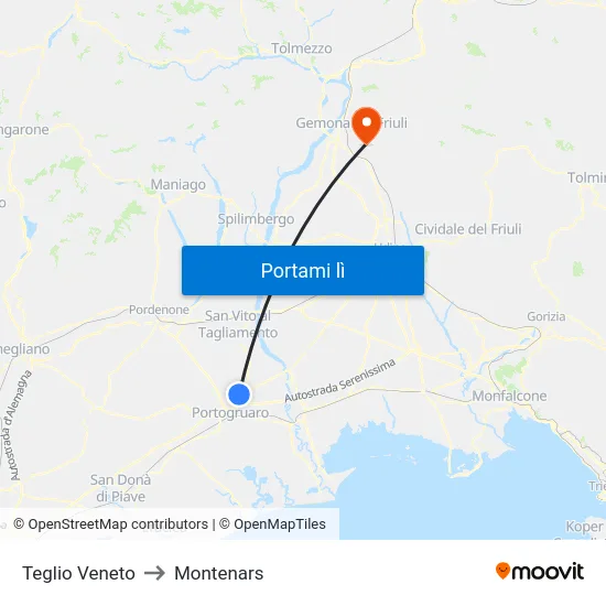 Teglio Veneto to Montenars map