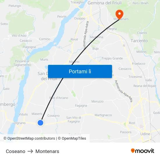 Coseano to Montenars map