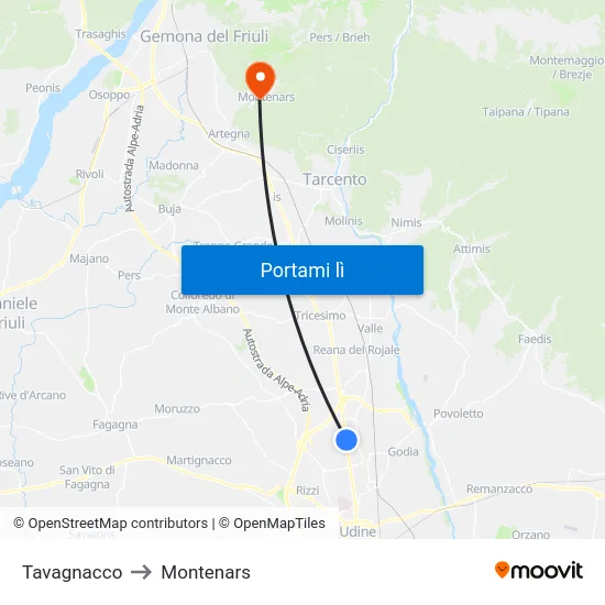Tavagnacco to Montenars map