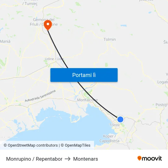 Monrupino / Repentabor to Montenars map