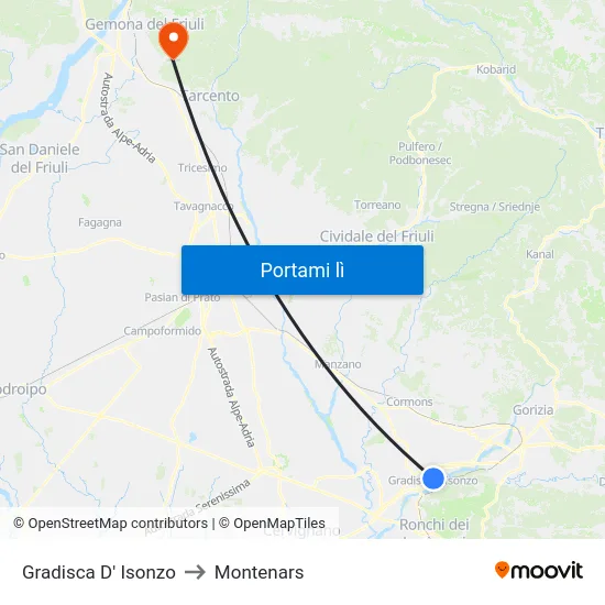 Gradisca D' Isonzo to Montenars map