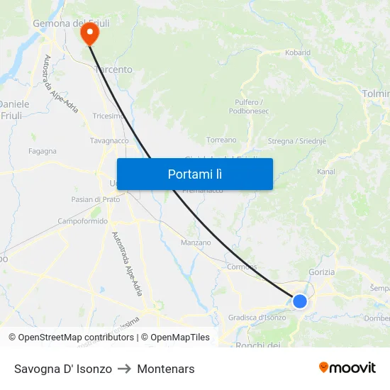 Savogna D' Isonzo to Montenars map