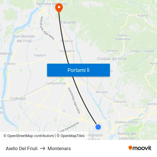 Aiello Del Friuli to Montenars map
