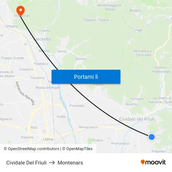 Cividale Del Friuli to Montenars map