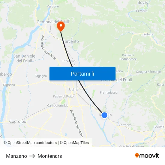 Manzano to Montenars map