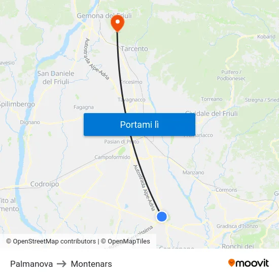 Palmanova to Montenars map