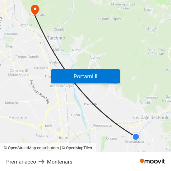 Premariacco to Montenars map