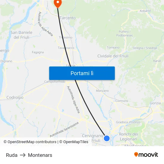 Ruda to Montenars map