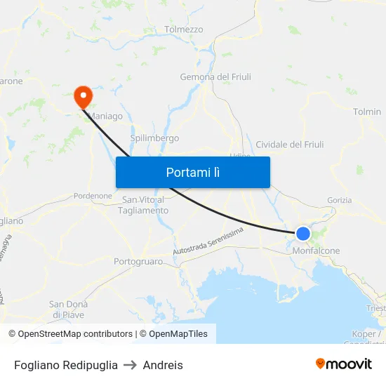 Fogliano Redipuglia to Andreis map