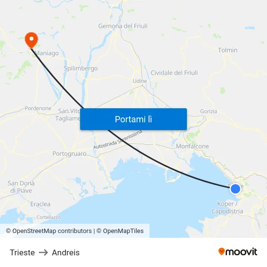 Trieste to Andreis map