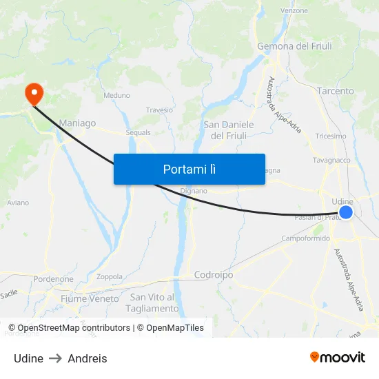 Udine to Andreis map