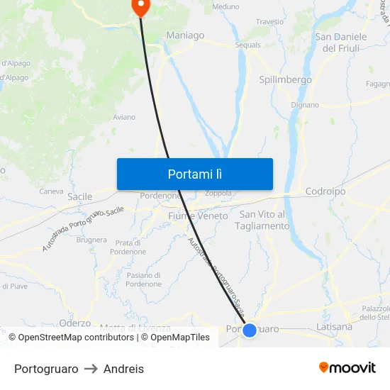 Portogruaro to Andreis map