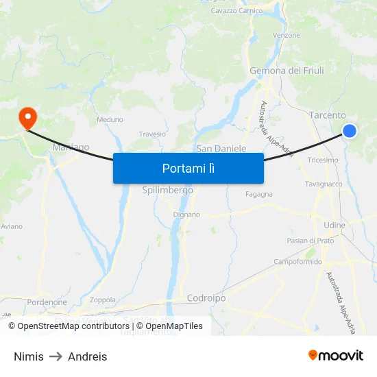 Nimis to Andreis map