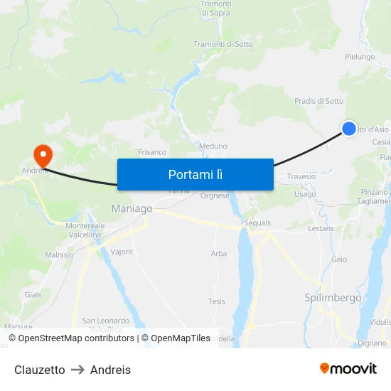 Clauzetto to Andreis map
