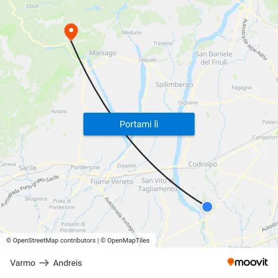 Varmo to Andreis map