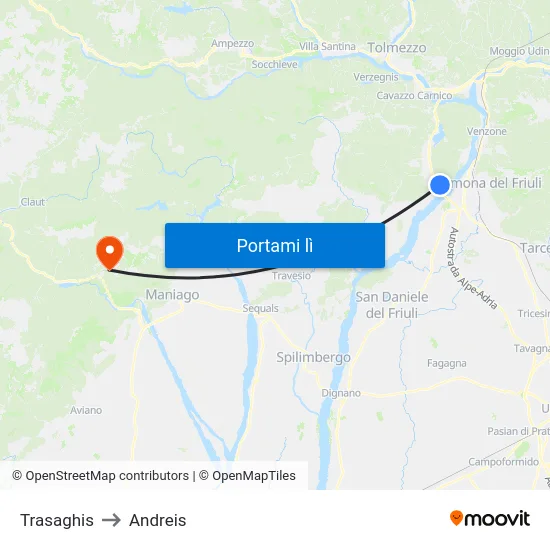 Trasaghis to Andreis map