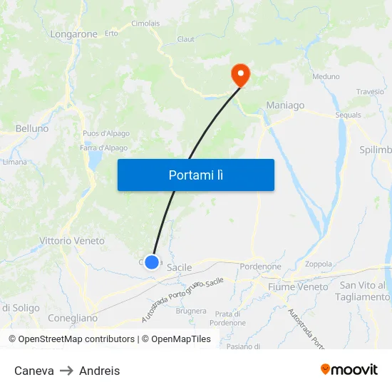 Caneva to Andreis map