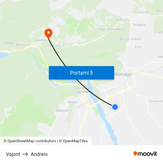 Vajont to Andreis map