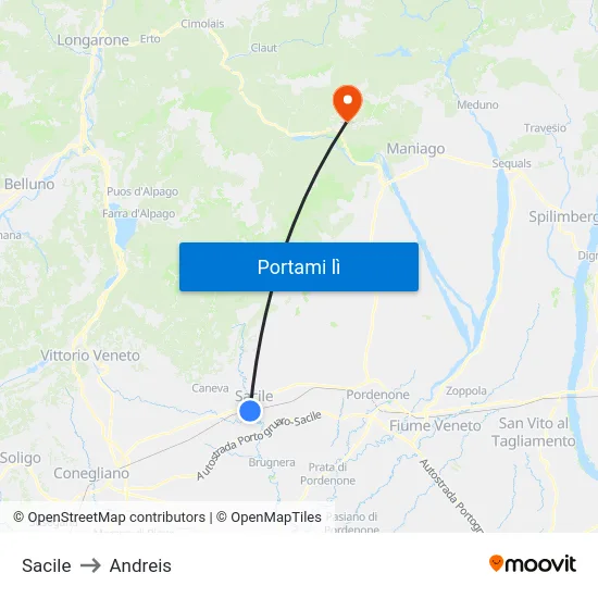 Sacile to Andreis map