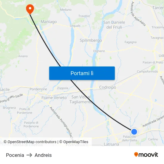 Pocenia to Andreis map